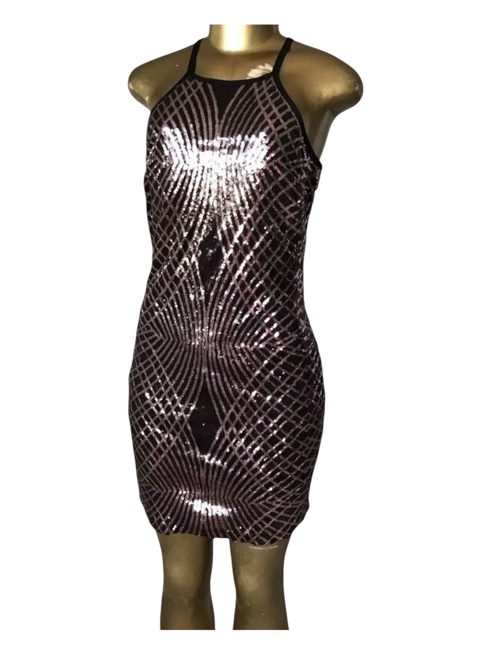 Star Vixen Sequin Dress Womens Size 7 Black Pink Halter Bodycon Mini Party